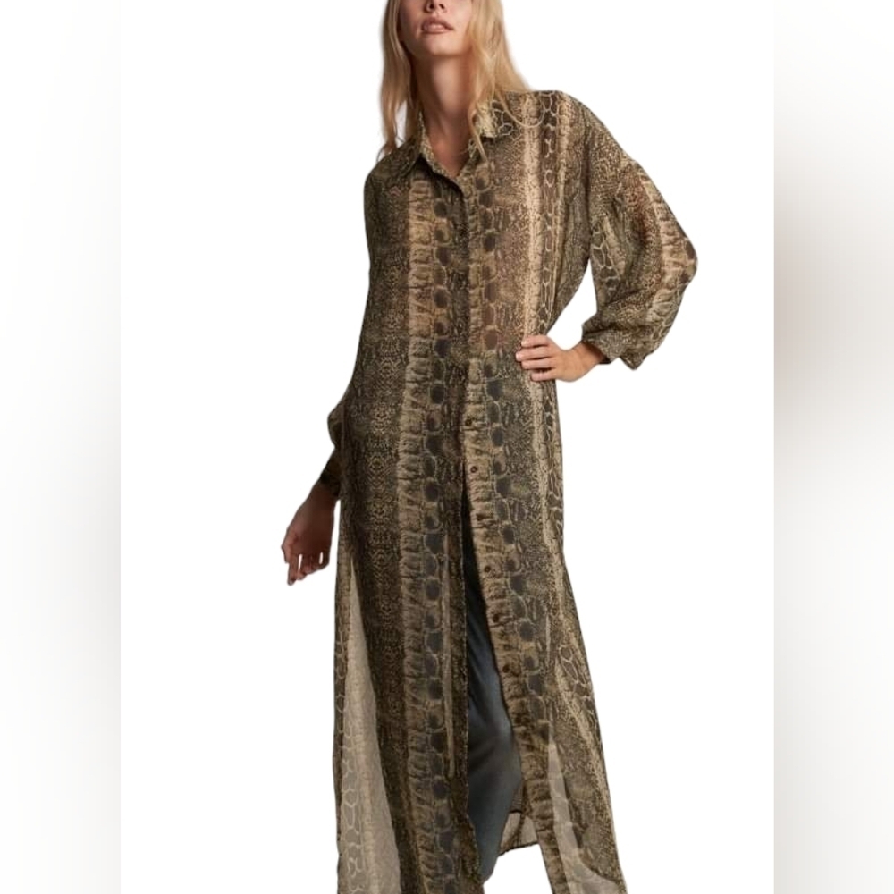 Hers & Mine Sheer Button Up Shirt Dress Green Animal Snake Print Midi Maxi New